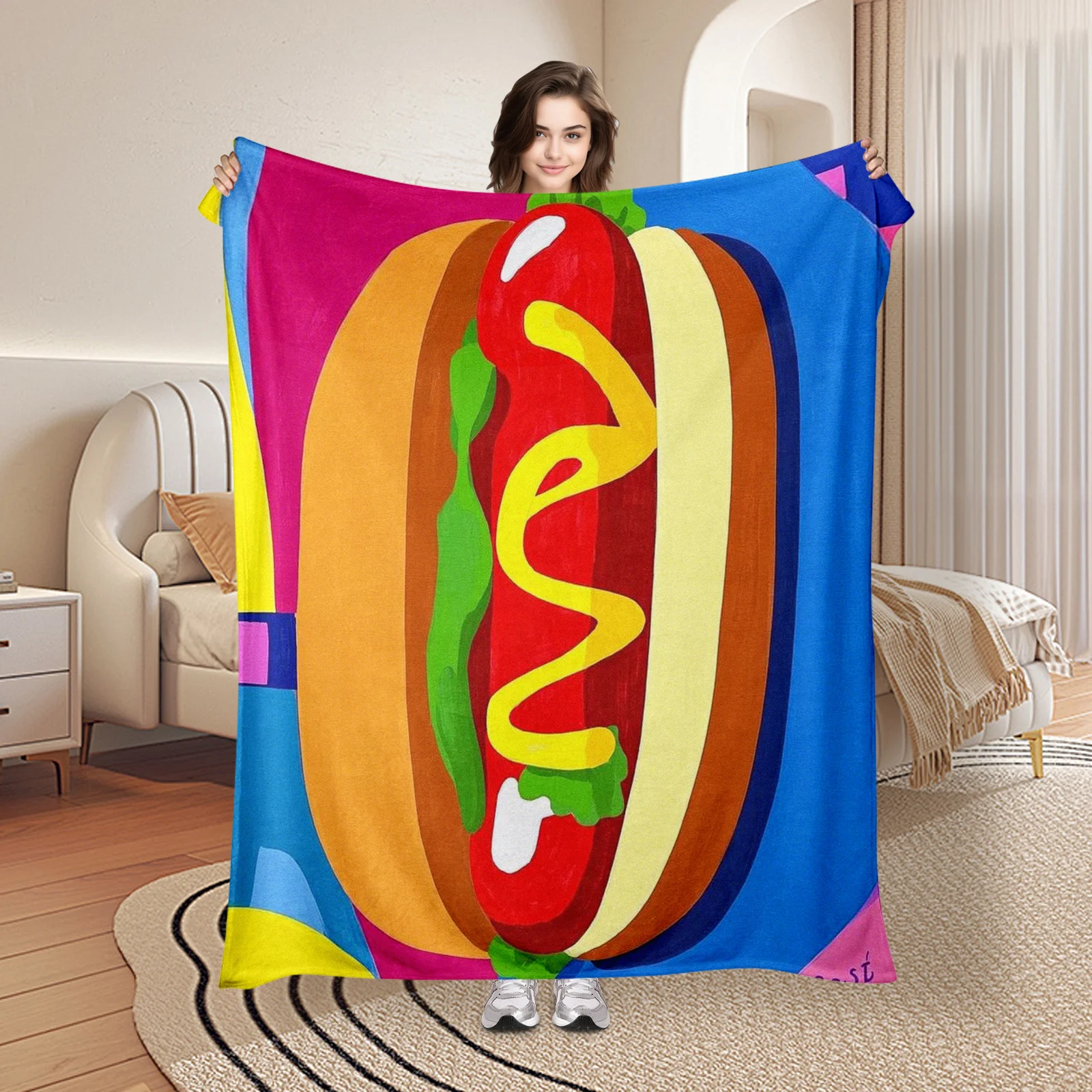 Abstract Hot Dog Design Blanket With Geometric Shapes And Vibrant Colors For Modern Home Aesthetic
Abstract Hot Dog Design Blanket With Geometric Shapes And Vibrant Colors For Modern Home Aesthetic