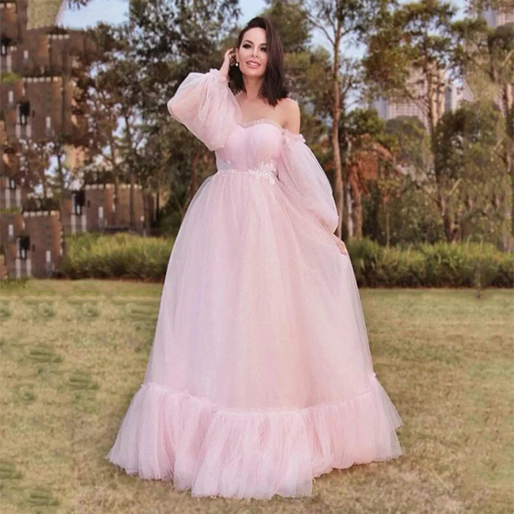 Pink Tulle Evening Dresses Applique Off the Shoulder Long Sleeves PleatsTiered A-line Floor Length Formal Prom Party Gowns
Pink Tulle Evening Dresses Applique Off the Shoulder Long Sleeves PleatsTiered A-line Floor Length Formal Prom Party Gowns
