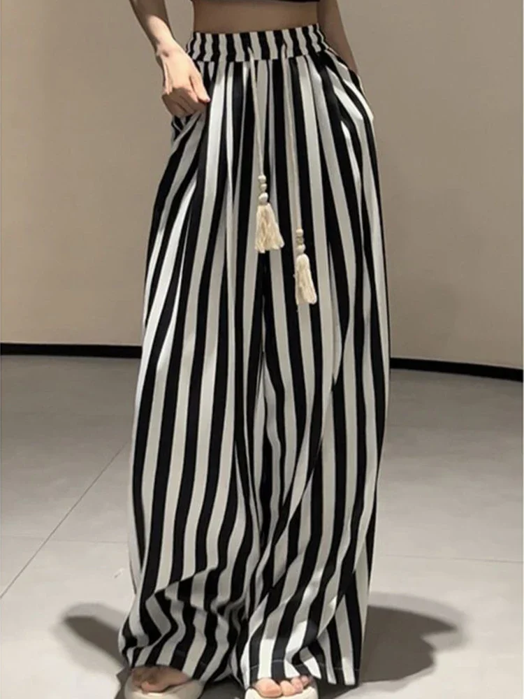 Korean Casual Striped Wide Leg Pants Women High Waist Elegant Straight Trousers Vintage Lace Up Female Spring Loose Pants
Korean Casual Striped Wide Leg Pants Women High Waist Elegant Straight Trousers Vintage Lace Up Female Spring Loose Pants