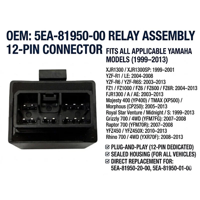 5EA-81950-00 Relay Assy for Yamaha XJR1300 YZF R7 XVZ1300 Grizzly 600 Kodiak 400 450 Rhino 450 660 5EA-81950-01-00
5EA-81950-00 Relay Assy for Yamaha XJR1300 YZF R7 XVZ1300 Grizzly 600 Kodiak 400 450 Rhino 450 660 5EA-81950-01-00