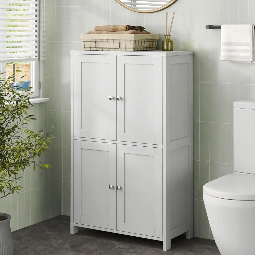 White Bathroom Storage Cabinet with Top Board and Metal Handles
White Bathroom Storage Cabinet with Top Board and Metal Handles