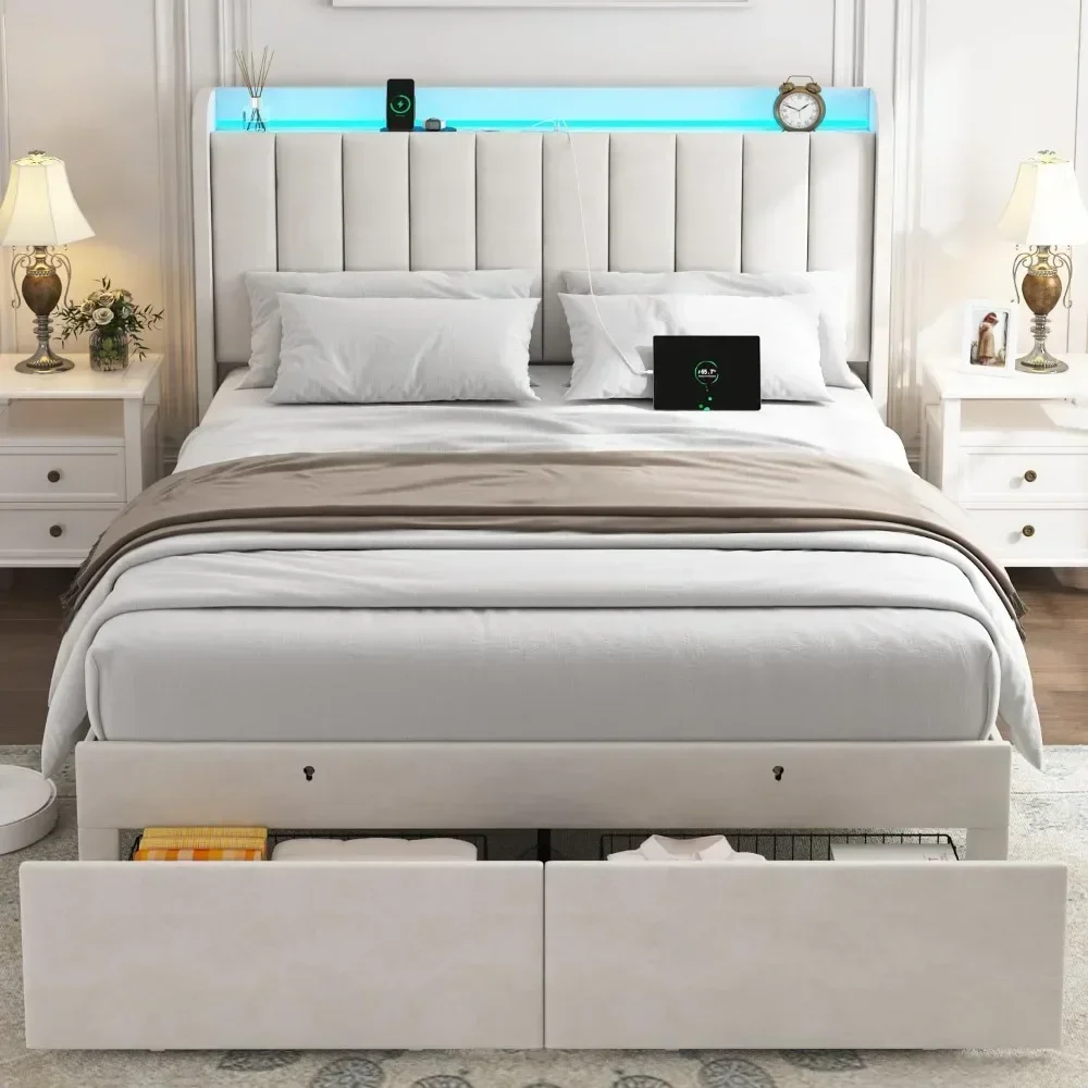 Queen Size Bed Frame with LED Lights, Drawers, Charging Station, Wood Slats Support, No Box Spring Needed, Bed Frame
Queen Size Bed Frame with LED Lights, Drawers, Charging Station, Wood Slats Support, No Box Spring Needed, Bed Frame
