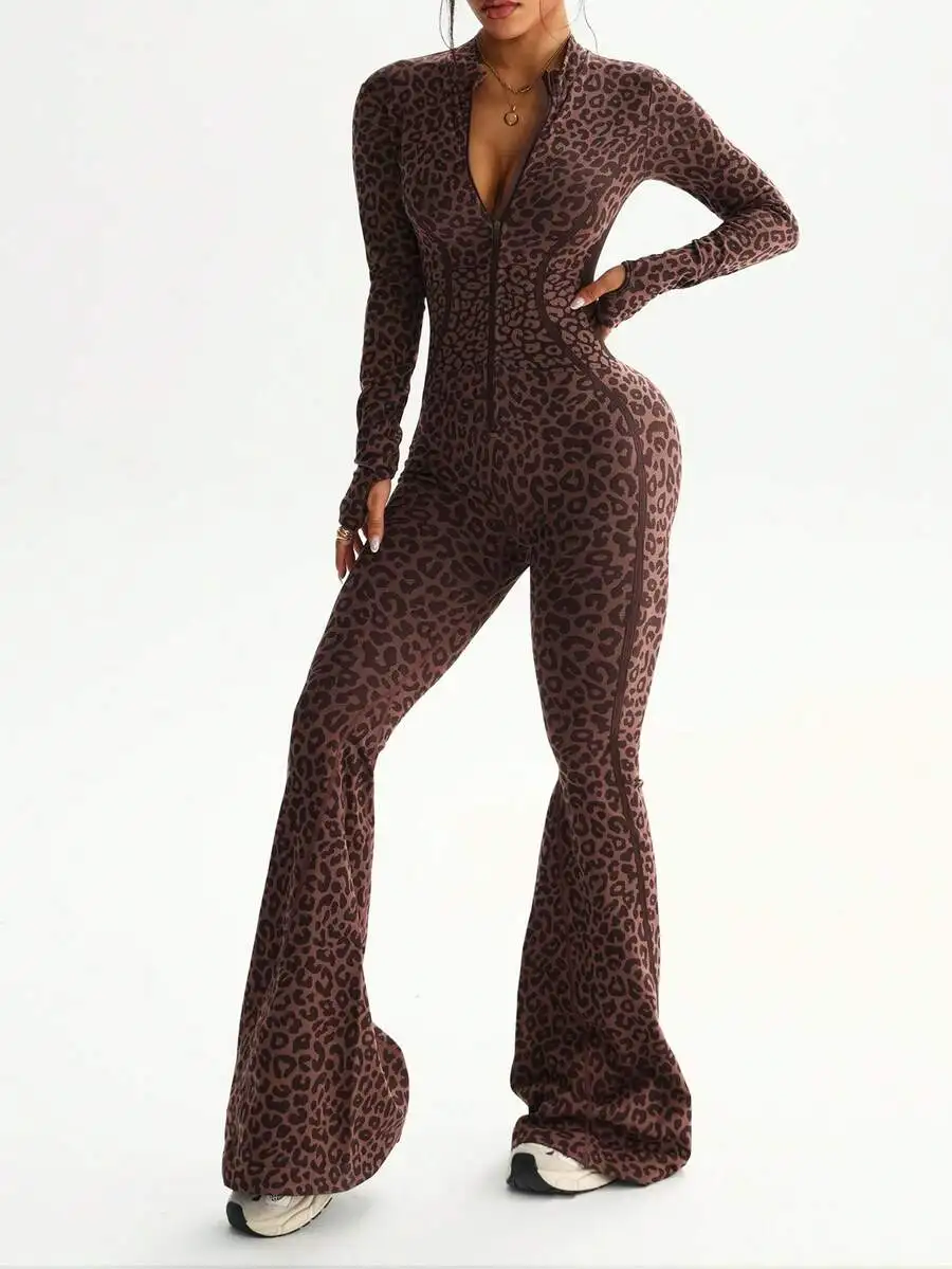 Women Seamless Leopard Print Mock Neck Front Zipper Long Sleeve Flared Jumpsuit High Waist Fitness Gym Dance Bodysuit Brown
Women Seamless Leopard Print Mock Neck Front Zipper Long Sleeve Flared Jumpsuit High Waist Fitness Gym Dance Bodysuit Brown