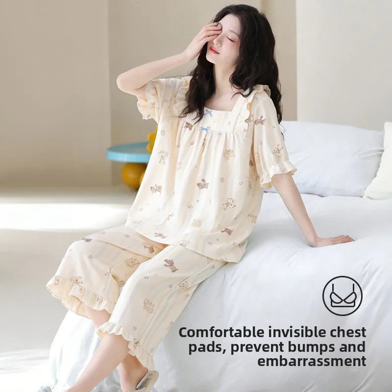 Women's Summer Sleepwear Cotton Short Sleeve with Chest Pad Seven-Foot Pants Comfortable Breathable Sweet Home Clothes
Women's Summer Sleepwear Cotton Short Sleeve with Chest Pad Seven-Foot Pants Comfortable Breathable Sweet Home Clothes