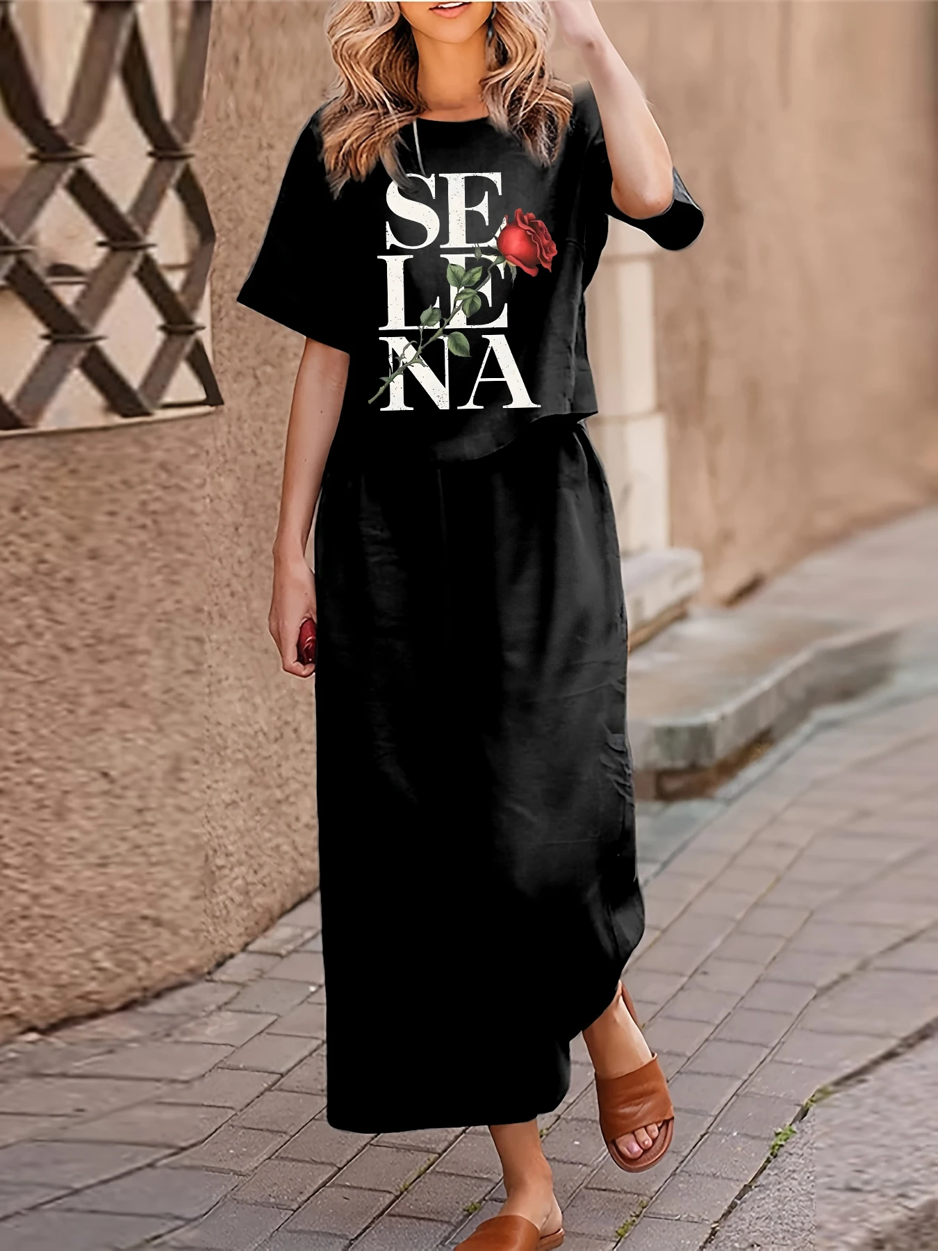 Женский повседневный комплект из двух предметов больших размеров, футболка с короткими рукавами и принтом, брюки, комплект из двух предметов, свободный круглый вырез 
Женский повседневный комплект из двух предметов больших размеров, футболка с короткими рукавами и принтом, брюки, комплект из двух предметов, свободный круглый вырез