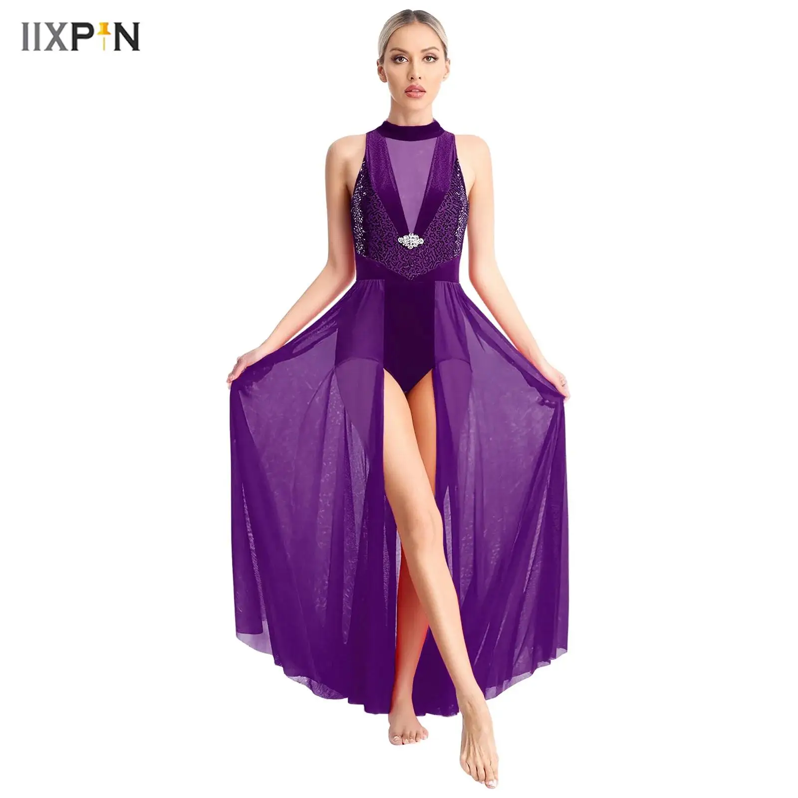 Womens Lyrical Dance Dress Modern Contemporary Costume Sequins Patchwork Halter Sleeveless Long Flowy Maxi Dress Built-In Briefs
Womens Lyrical Dance Dress Modern Contemporary Costume Sequins Patchwork Halter Sleeveless Long Flowy Maxi Dress Built-In Briefs