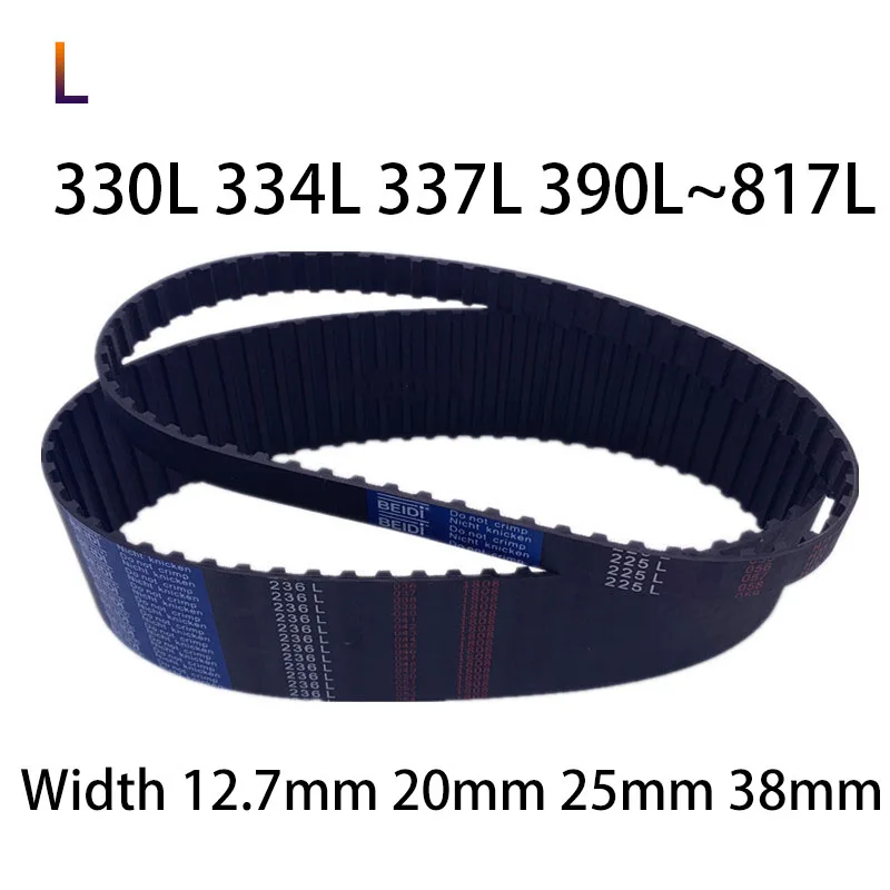 L Timing Belt 330L 334L 337L 390L 394L 397L 400L 405L~817L Width 12.7mm 20mm 25mm 38mm Rubber Synchronous Belts Pitch 9.525mm
L Timing Belt 330L 334L 337L 390L 394L 397L 400L 405L~817L Width 12.7mm 20mm 25mm 38mm Rubber Synchronous Belts Pitch 9.525mm
