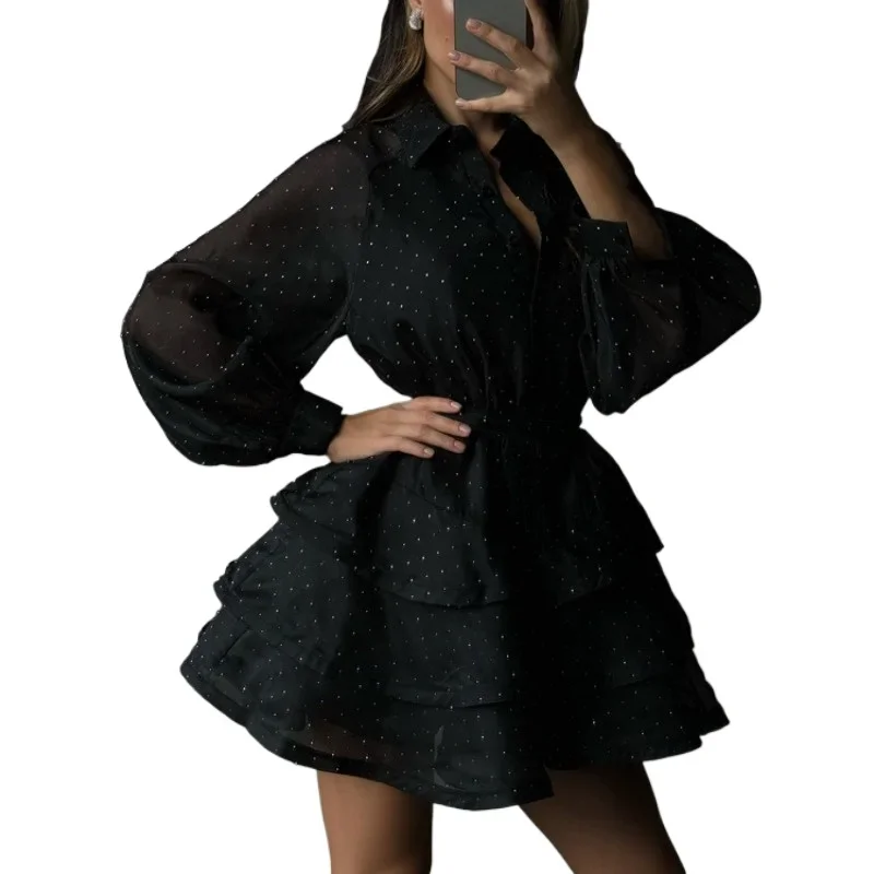 Casual Fashion Black Diamond-encrusted A-word Dress Women's Clothing 2026 Autumn New Lapel Long-sleeved High-waisted Tutu Skirt
Casual Fashion Black Diamond-encrusted A-word Dress Women's Clothing 2026 Autumn New Lapel Long-sleeved High-waisted Tutu Skirt