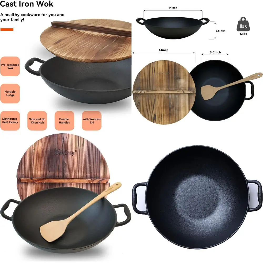 Чугунная сковорода-вок 35 см (14 дюймов) с крышкой, предварительно обработанная, с антипригарным покрытием, для индукционных и открытых плит, для китайской кухни
Чугунная сковорода-вок 35 см (14 дюймов) с крышкой, предварительно обработанная, с антипригарным покрытием, для индукционных и открытых плит, для китайской кухни