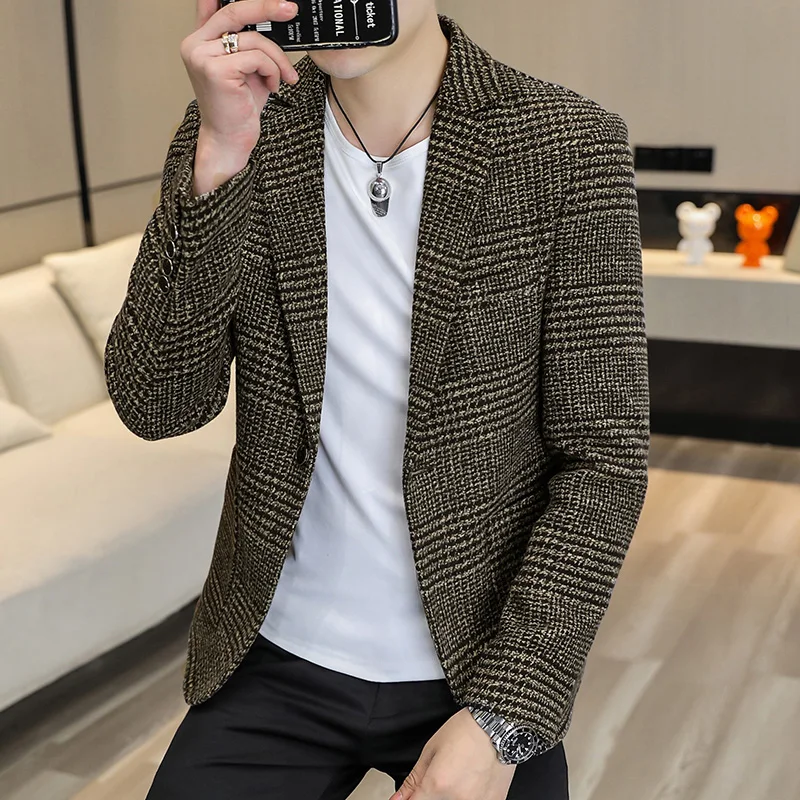 High-quality men's fashionable small suit Korean-style slim-fit top, cool and casual plaid single suit, trendy formal jacket
High-quality men's fashionable small suit Korean-style slim-fit top, cool and casual plaid single suit, trendy formal jacket