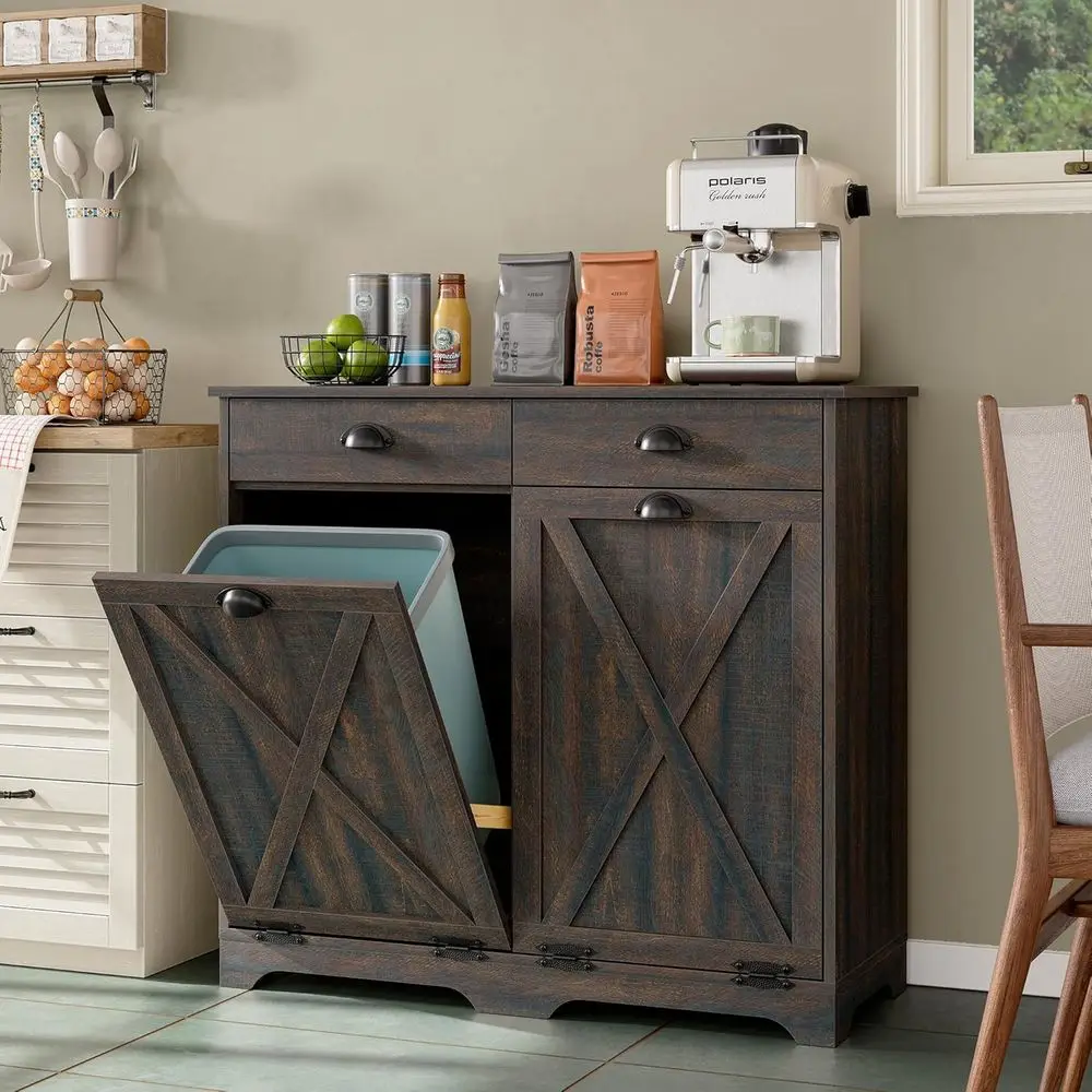 Double Door Trash Bin Cabinet with Hideaway Drawers for Kitchen in Brown
Double Door Trash Bin Cabinet with Hideaway Drawers for Kitchen in Brown