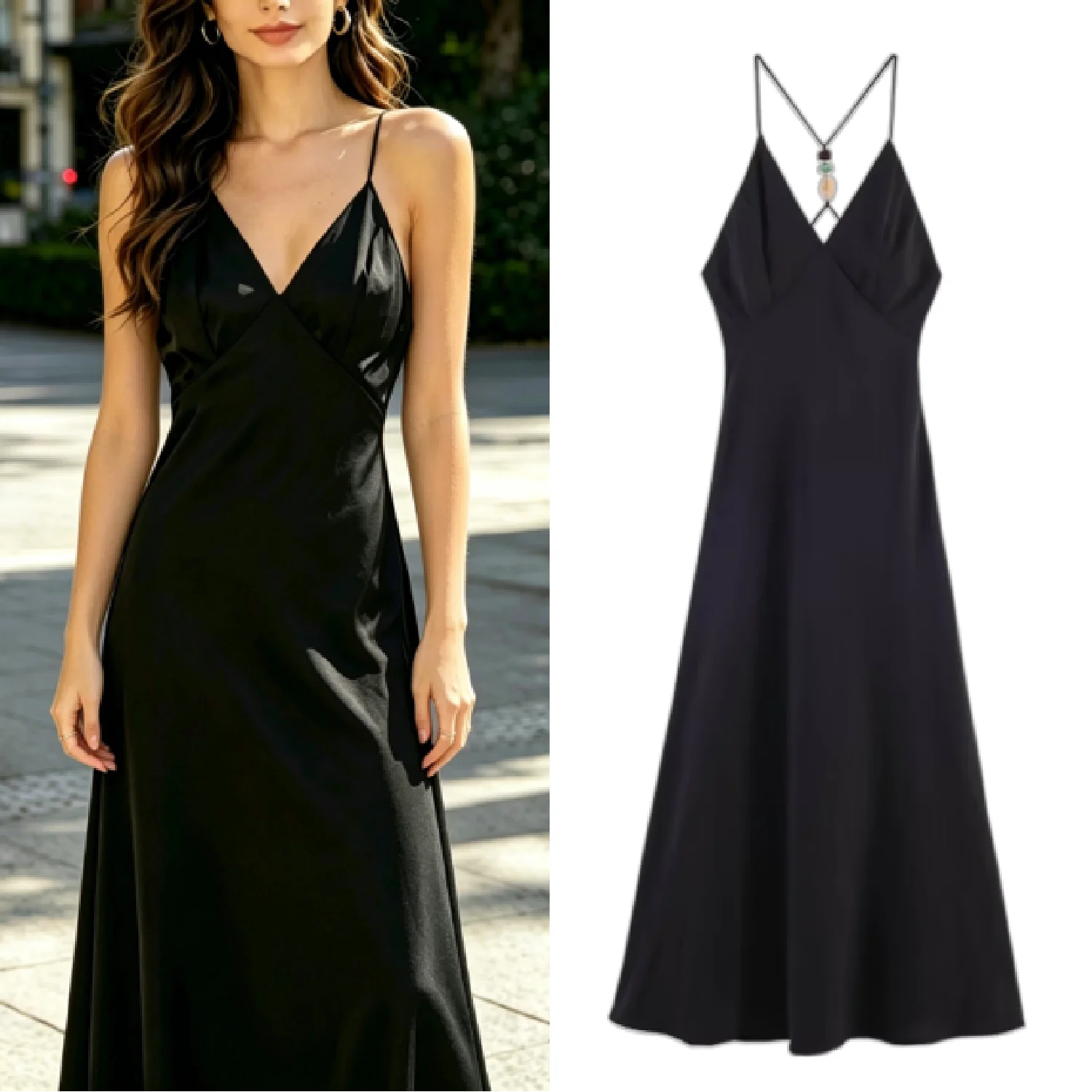 Summer 2026 Women's Black Strap Midi Dress Sexy V-Neck Elegant Graceful Beach Vacation Sleeveless Resort Wear Fashionable Dress
Summer 2026 Women's Black Strap Midi Dress Sexy V-Neck Elegant Graceful Beach Vacation Sleeveless Resort Wear Fashionable Dress