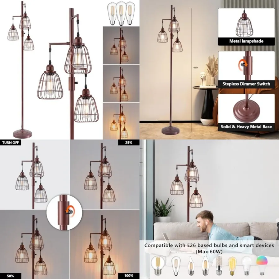 Dimmable Floor Lamp, Industrial Farmhouse Tall Standing Floor Lamp for Living Room, Bedroom Office, 3 Teardrop Cage Lampshade,
Dimmable Floor Lamp, Industrial Farmhouse Tall Standing Floor Lamp for Living Room, Bedroom Office, 3 Teardrop Cage Lampshade,