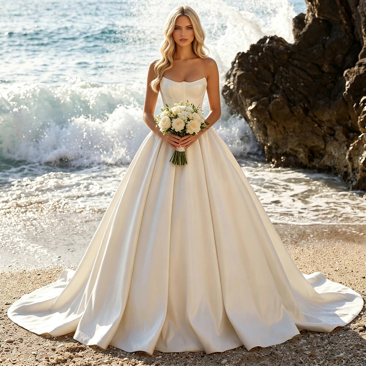Elegant Satin Wedding Dress Long Strapless Ball Gown For Women Puffy Bridal Party Gown With Train Vestidos Novia
Elegant Satin Wedding Dress Long Strapless Ball Gown For Women Puffy Bridal Party Gown With Train Vestidos Novia