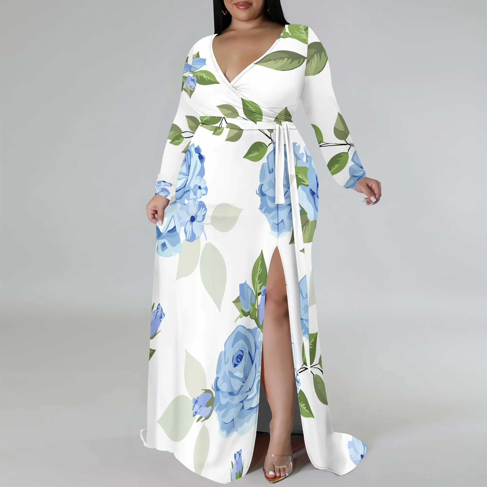 Plus Size Long Sleeve Blue Rose Floral Print Wrap Maxi Dress for Women, Elegant Dress with Side Slit for Summer Events
Plus Size Long Sleeve Blue Rose Floral Print Wrap Maxi Dress for Women, Elegant Dress with Side Slit for Summer Events