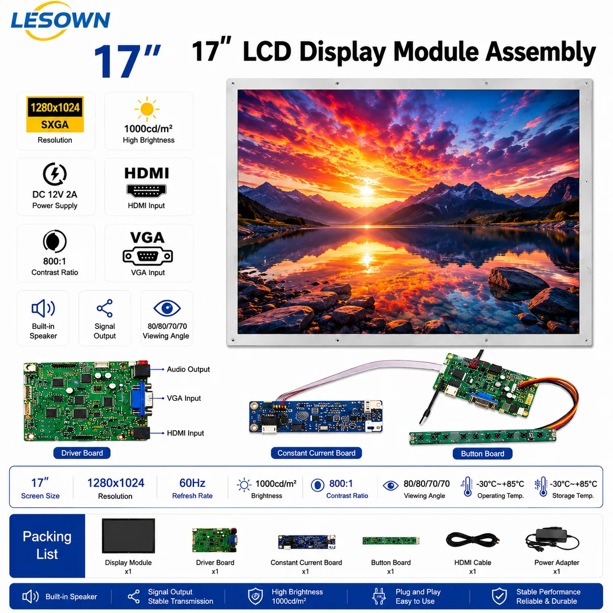 LESOWN 17inch Pantalla LCD Monitor Panel 1280x1024 Module Driver-Free HDTV VGA Controller Assembly with Complete Cables
LESOWN 17inch Pantalla LCD Monitor Panel 1280x1024 Module Driver-Free HDTV VGA Controller Assembly with Complete Cables