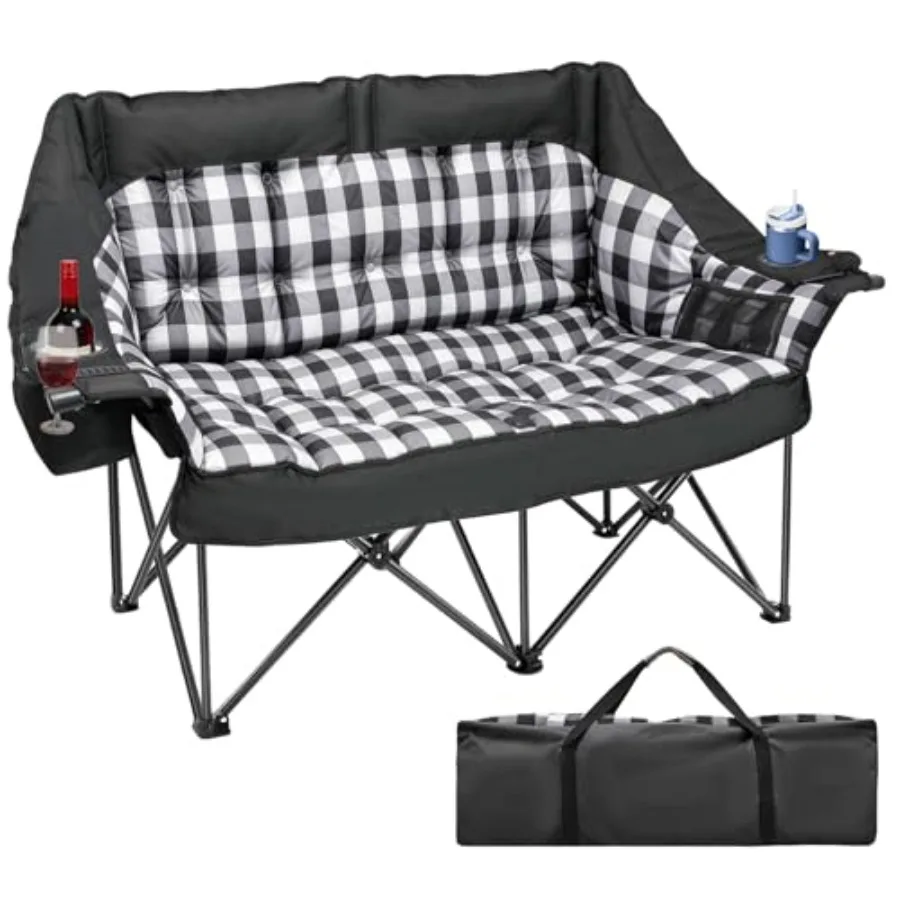 Outdoor double camping chair for lawn and beach use, heavy-duty steel frame with padded black fabric, portable folding design w
Outdoor double camping chair for lawn and beach use, heavy-duty steel frame with padded black fabric, portable folding design w