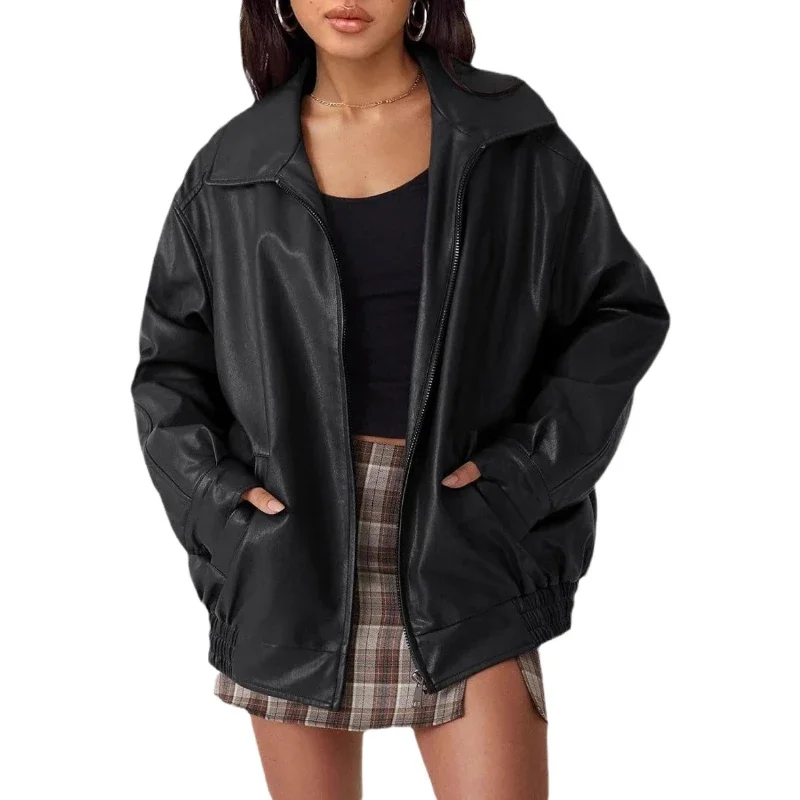 Women's Faux PU Leather Jacket Fashionable Lapel Zipper Short Leather Jacket for Autumn and Winter Plus Size Motorcycle Coat
Women's Faux PU Leather Jacket Fashionable Lapel Zipper Short Leather Jacket for Autumn and Winter Plus Size Motorcycle Coat