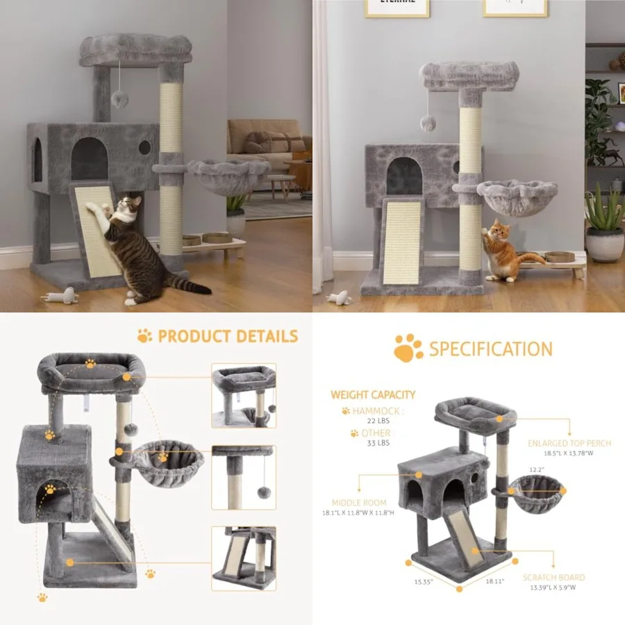 Cat Tree 36 Inch Cat Tower with Hammock, Sisal Scratching Post for Indoor Kittens, Small Room
Cat Tree 36 Inch Cat Tower with Hammock, Sisal Scratching Post for Indoor Kittens, Small Room