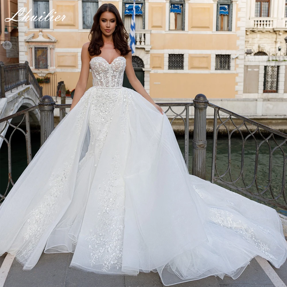 Lhuilier Customized 2 in 1 Strapless Lace Mermaid Wedding Dresses See Through Beaded Lace Bridal Gowns with Detachable Train
Lhuilier Customized 2 in 1 Strapless Lace Mermaid Wedding Dresses See Through Beaded Lace Bridal Gowns with Detachable Train