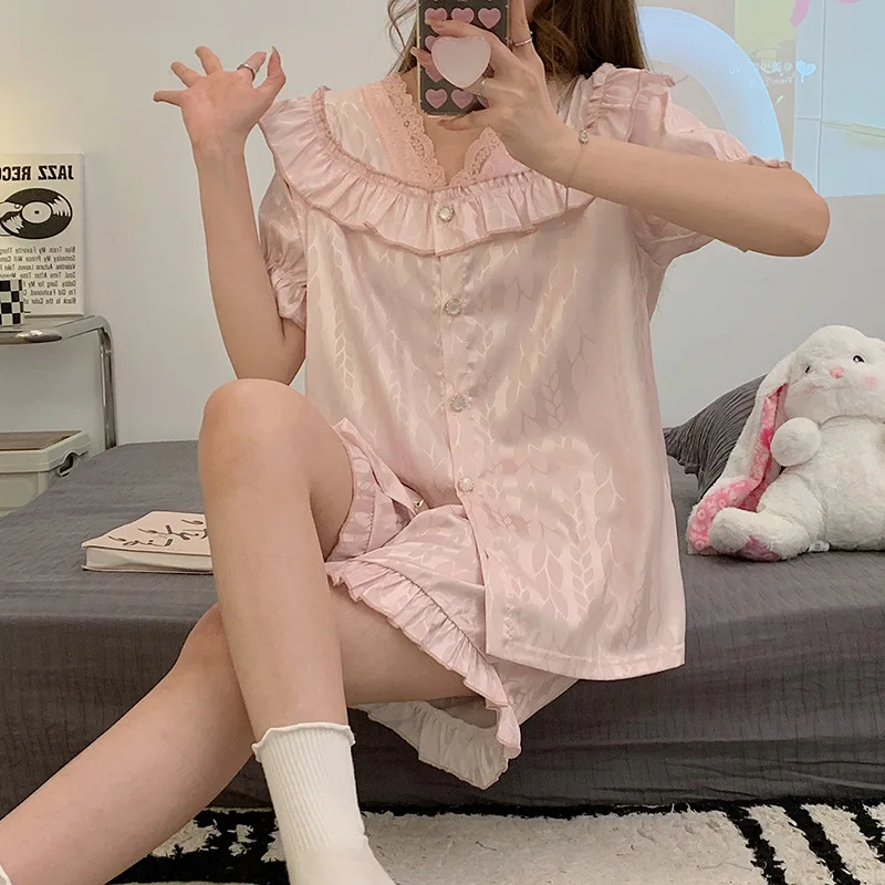 Fairy Ice Silk Pajamas Princess Sleepwear Nightwear Women Satin Solid Color Loungewear Lace V Neck Tops Shorts Two Piece Sets
Fairy Ice Silk Pajamas Princess Sleepwear Nightwear Women Satin Solid Color Loungewear Lace V Neck Tops Shorts Two Piece Sets