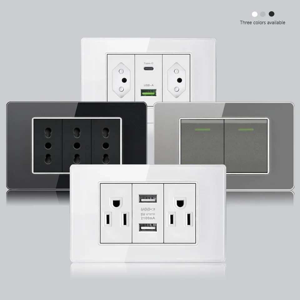118 Type Brazil EU US Wall Socket with 5V 2.1A USB Type-c Charger Power Outlet black glass Panel Light Switch TV Computer Socket
118 Type Brazil EU US Wall Socket with 5V 2.1A USB Type-c Charger Power Outlet black glass Panel Light Switch TV Computer Socket