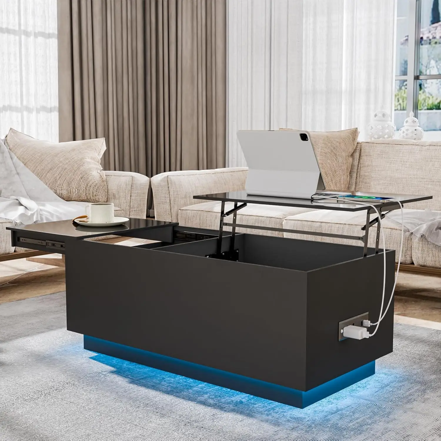 Modern Black LED Lift Top Coffee Table - High Gloss Center Table with Power Outlet, Hidden Compartment & Storage,
Modern Black LED Lift Top Coffee Table - High Gloss Center Table with Power Outlet, Hidden Compartment & Storage,