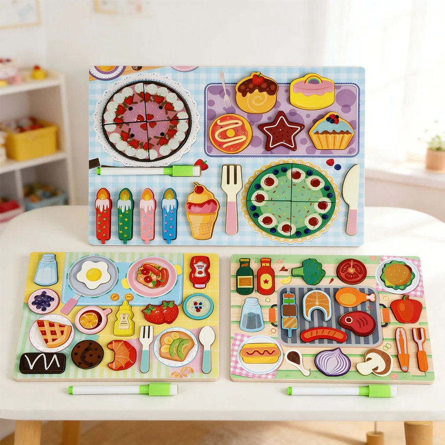 Wooden Food Matching Puzzle Board Toy Kids Pretend Play Breakfast BBQ Dessert Cutting Playset Double Sided Drawing Writing Toys
Wooden Food Matching Puzzle Board Toy Kids Pretend Play Breakfast BBQ Dessert Cutting Playset Double Sided Drawing Writing Toys