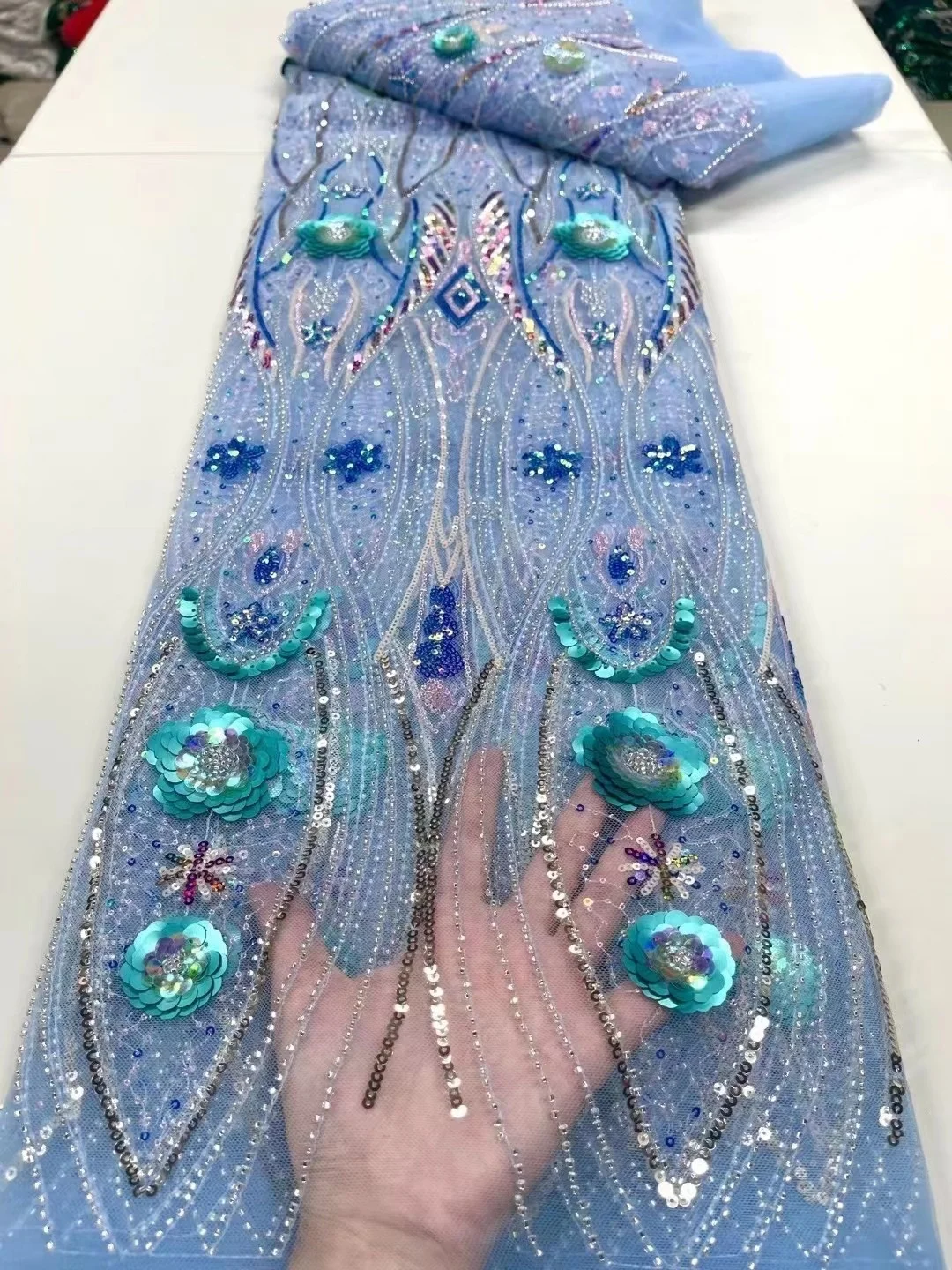 Latest New Nigerian French Tulle Mesh Lace Fabric Blue High Quality African Lace Fabric With Sequins Embroidery Sewing Dresses
Latest New Nigerian French Tulle Mesh Lace Fabric Blue High Quality African Lace Fabric With Sequins Embroidery Sewing Dresses