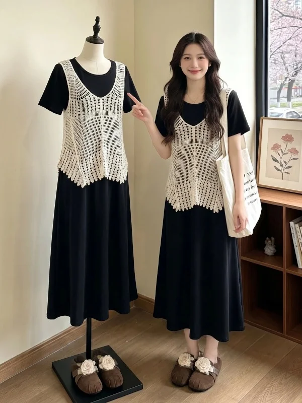 Black Bohemian Style Women's Summer Outfit Large Size Two-Piece Set Midi Dress And Vest Fashionable Commute Wear Casual
Black Bohemian Style Women's Summer Outfit Large Size Two-Piece Set Midi Dress And Vest Fashionable Commute Wear Casual