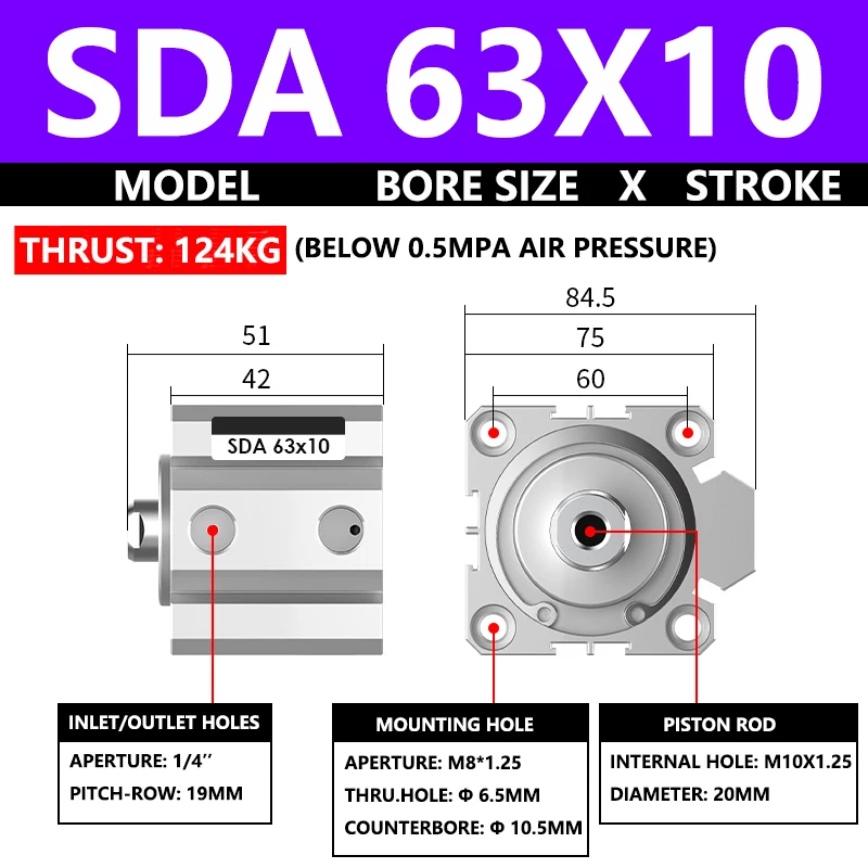 ABILKEEN SDA63X10 SDA Series Thin Air Cylinder 63MM Female Thread Bore X 10MM Stroke Double Acting Pneumatic Compact Cylinder
ABILKEEN SDA63X10 SDA Series Thin Air Cylinder 63MM Female Thread Bore X 10MM Stroke Double Acting Pneumatic Compact Cylinder