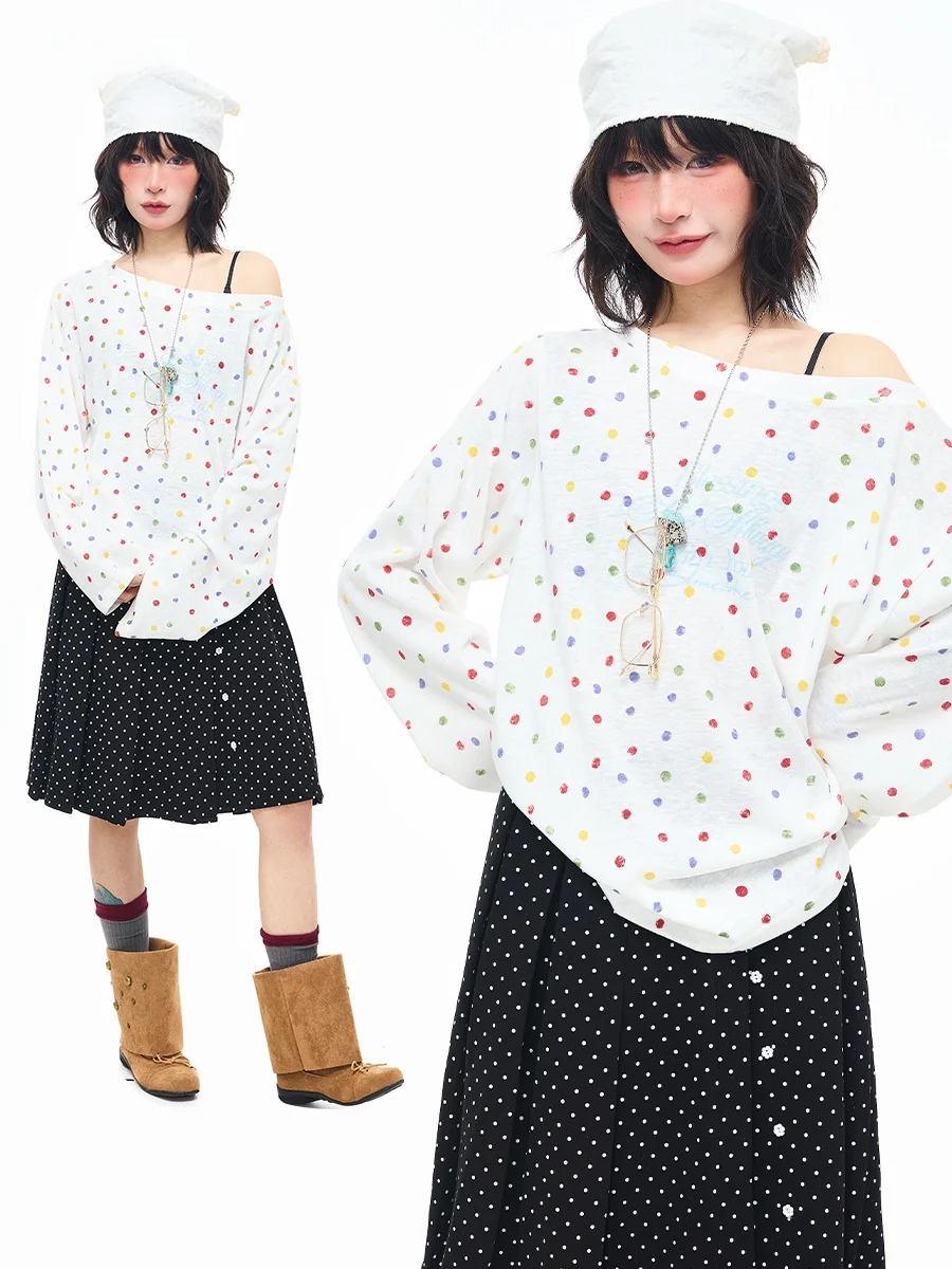 Sanowers Korean Style Long Sleeve Polka Dot Print T-Shirt Women Summer Loose Lazy Shoulder Baring Sun Protection Cover up Top
Sanowers Korean Style Long Sleeve Polka Dot Print T-Shirt Women Summer Loose Lazy Shoulder Baring Sun Protection Cover up Top