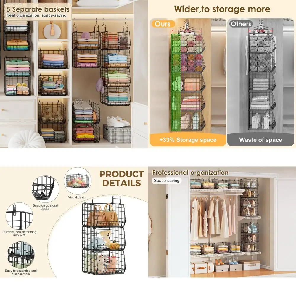 5-Tier Hanging Closet Organizer with 4 Deep Metal Shelves, Stackable Baskets, and 5 S Hooks for Clothes and Shoes, Black
5-Tier Hanging Closet Organizer with 4 Deep Metal Shelves, Stackable Baskets, and 5 S Hooks for Clothes and Shoes, Black