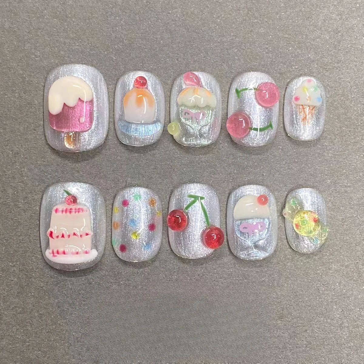 New 3D Pure Handmade Wearing Nail Short Super Cute Cat Sweet Girl Rainbow Cake Nail Patch Manicure Silver Series
New 3D Pure Handmade Wearing Nail Short Super Cute Cat Sweet Girl Rainbow Cake Nail Patch Manicure Silver Series