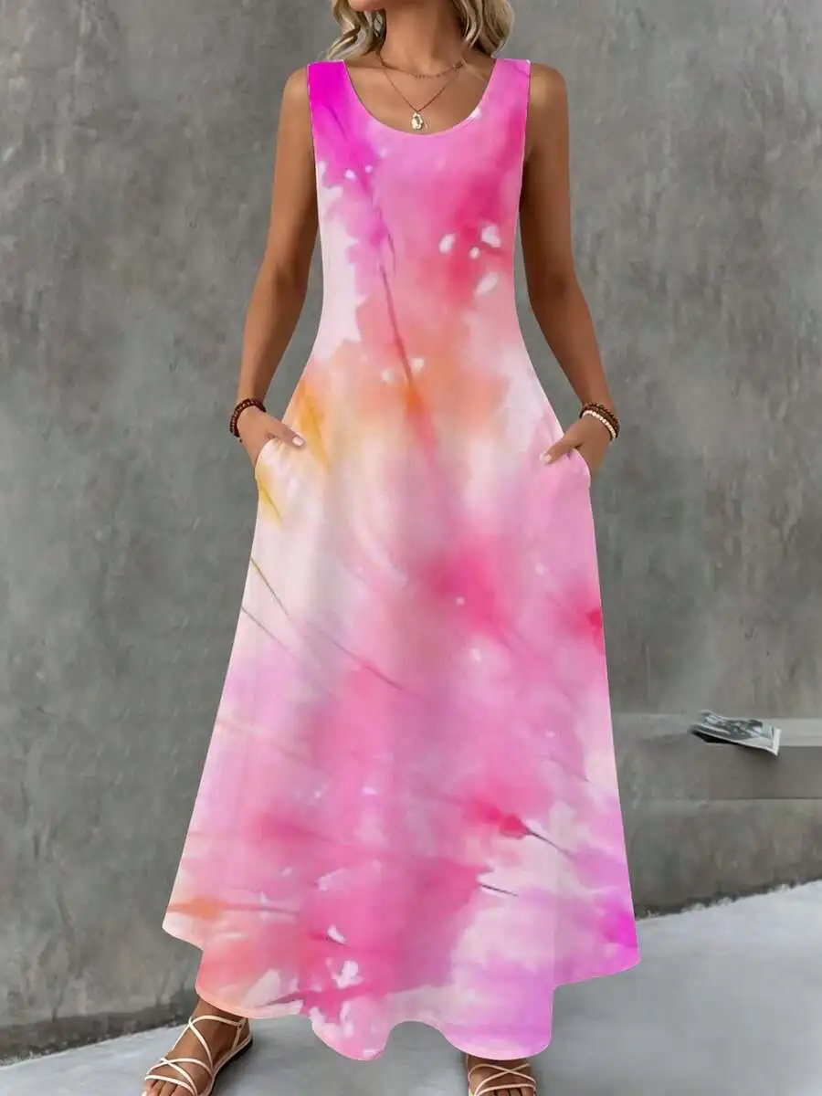 Sleeveless Maxi Dress Pink Orange Watercolor Print Boho Summer Beach Party
Sleeveless Maxi Dress Pink Orange Watercolor Print Boho Summer Beach Party