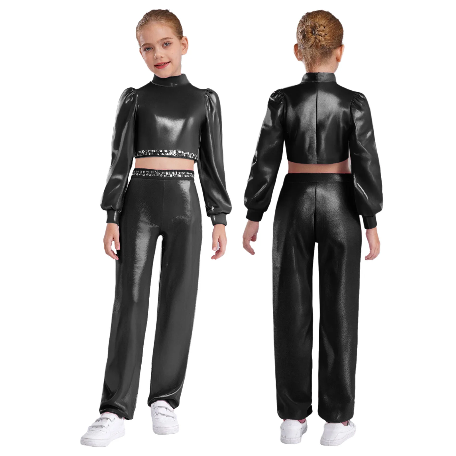 2Pcs Girls Jazz Dance Costume Shiny Rhinestones Mock Neck Zipper Back Metallic Crop Top with Pants for Jazz Stage Performance
2Pcs Girls Jazz Dance Costume Shiny Rhinestones Mock Neck Zipper Back Metallic Crop Top with Pants for Jazz Stage Performance