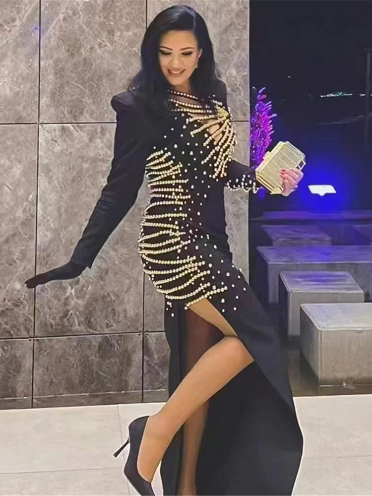 Sexy Long Sleeve Hollow Out Beaded Long Bandage Dress Women Black V Neck Side Split Bodycon Dresses Evening Party Gowns
Sexy Long Sleeve Hollow Out Beaded Long Bandage Dress Women Black V Neck Side Split Bodycon Dresses Evening Party Gowns