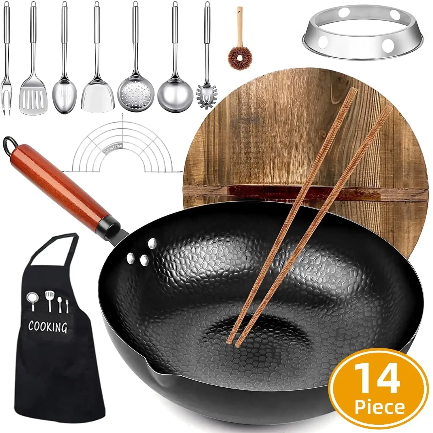 Carbon Steel Wok Pan, 14 Piece Woks & Stir-Fry Pans Set with Wooden Lid & Cookwares
Carbon Steel Wok Pan, 14 Piece Woks & Stir-Fry Pans Set with Wooden Lid & Cookwares