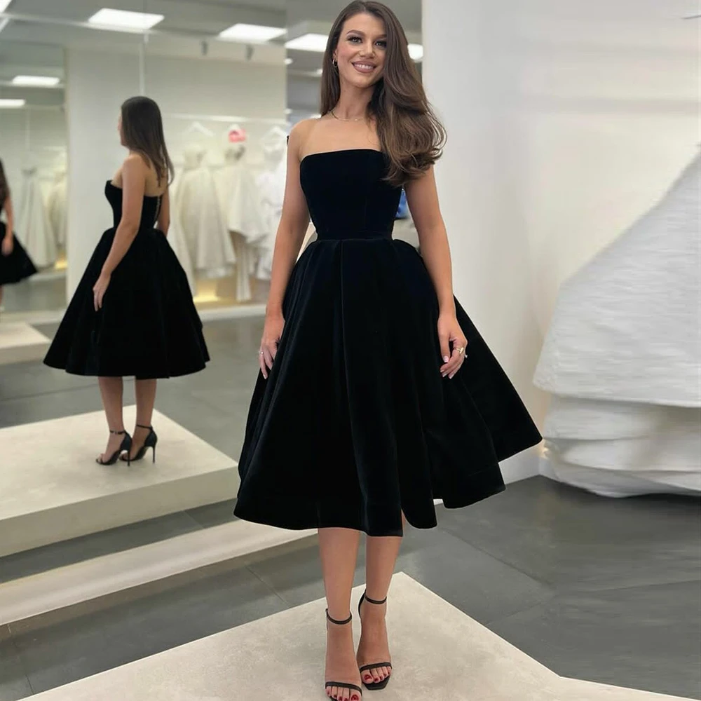 Elegant Strapless Black A-Line Velour Formal Occasion Prom Dresses Open Back Knee-length Women Evening Party Dress
Elegant Strapless Black A-Line Velour Formal Occasion Prom Dresses Open Back Knee-length Women Evening Party Dress