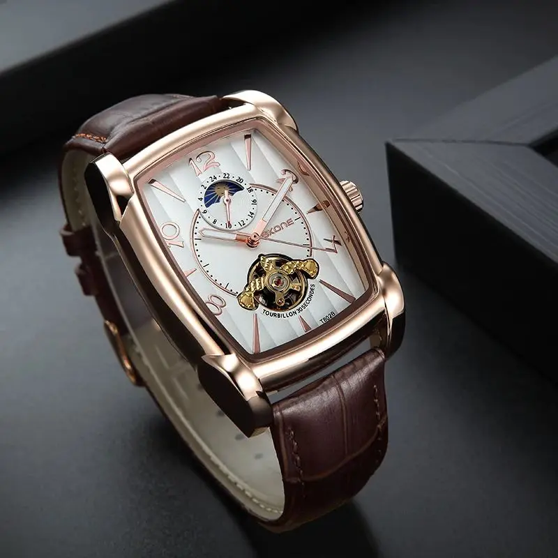 SKONE Leather Strap Automatic Movement Mens Watch Stainless Steel Square Moon Phase Tourbillon High End Mechanical Watch for Men
SKONE Leather Strap Automatic Movement Mens Watch Stainless Steel Square Moon Phase Tourbillon High End Mechanical Watch for Men