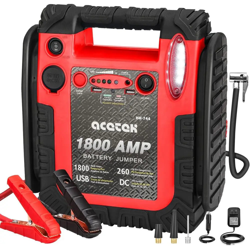 Портативное пусковое устройство 1800A, воздушный компрессор 260 PSI, аккумуляторный бустер 20000 мАч с LED-подсветкой и USB
Портативное пусковое устройство 1800A, воздушный компрессор 260 PSI, аккумуляторный бустер 20000 мАч с LED-подсветкой и USB