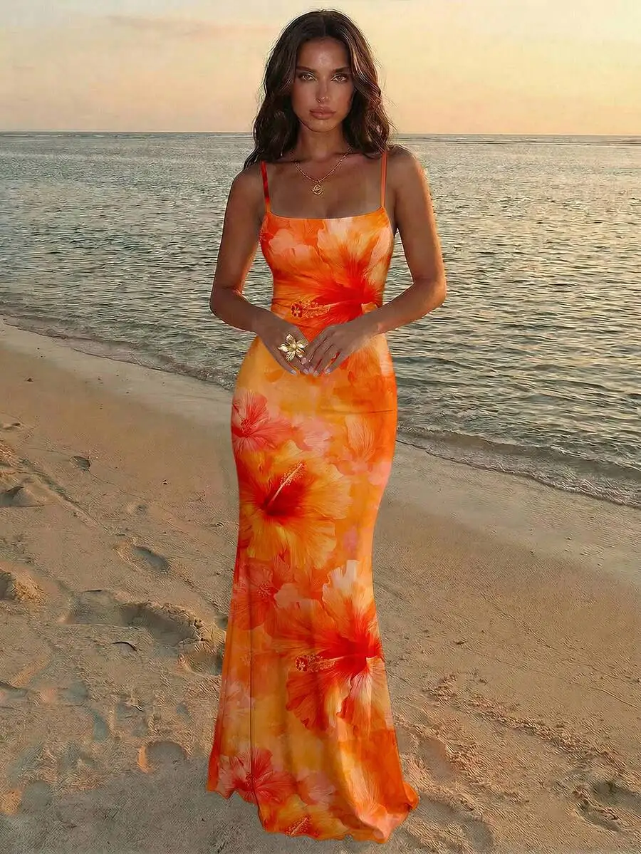Womens Orange Floral Print Sleeveless Sexy Backless Dress For Beach Party Summer
Womens Orange Floral Print Sleeveless Sexy Backless Dress For Beach Party Summer