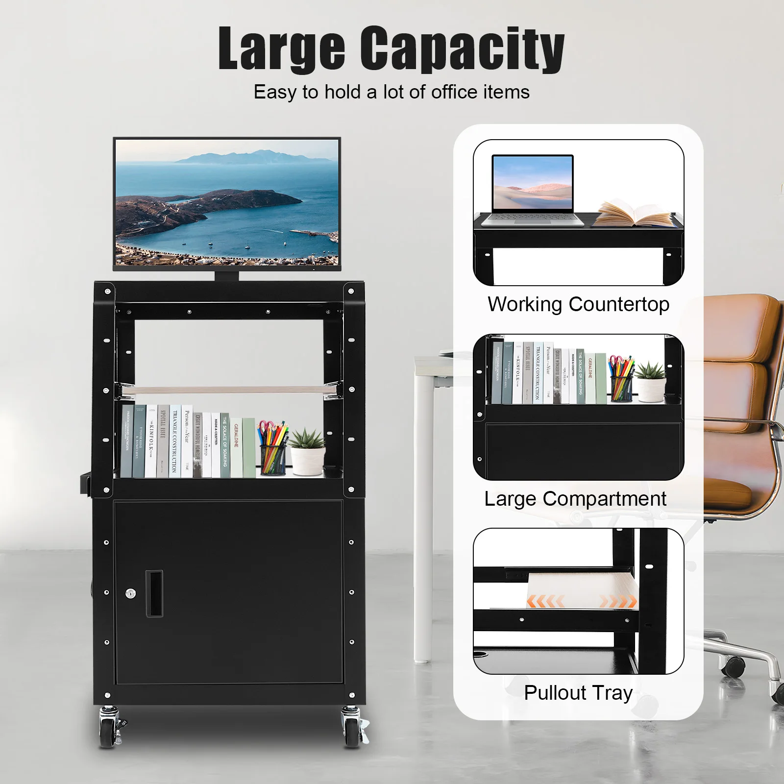 Multifunctional AV Cart Height Adjustable Mobile Office Cart with Power Strip Lockable Cabinet 4 Universal Wheels for Office
Multifunctional AV Cart Height Adjustable Mobile Office Cart with Power Strip Lockable Cabinet 4 Universal Wheels for Office