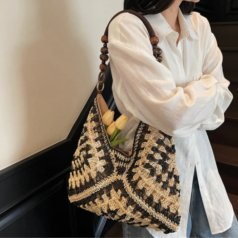 Bohemian Crochet Straw Tote Bags with Wooden Beaded Handles Summer Beach & Vacation Style, Large Capacity Woven Shoulder Bags
Bohemian Crochet Straw Tote Bags with Wooden Beaded Handles Summer Beach & Vacation Style, Large Capacity Woven Shoulder Bags