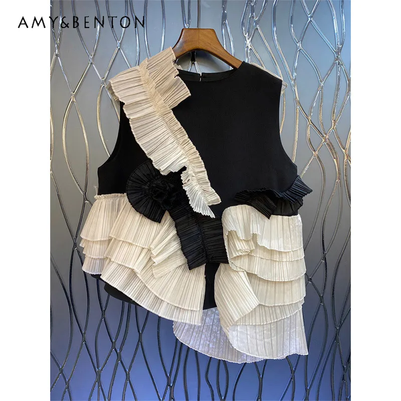 French Retro Women's Top Sweet Cool Black White Splicing Pleated Sleeveless Shirt Irregular Versatile Temperament Shirts Female
French Retro Women's Top Sweet Cool Black White Splicing Pleated Sleeveless Shirt Irregular Versatile Temperament Shirts Female
