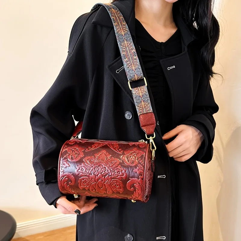 Retro Flower Embossed Cylinder Bag, Classic Textured Zipper Crossbody Purse, With Wide Geometric Pattern Strap Barrel Bag
Retro Flower Embossed Cylinder Bag, Classic Textured Zipper Crossbody Purse, With Wide Geometric Pattern Strap Barrel Bag