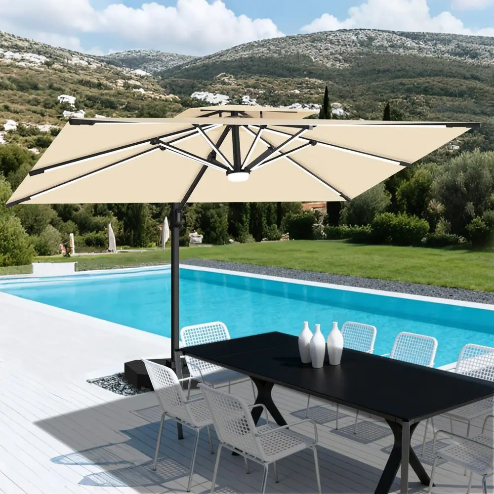 All-Weather Cantilever Parasol with LED Lights, Fiberglass Ribs, and Powder-Coated Aluminum Pole - Luxury Outdoor Shade
All-Weather Cantilever Parasol with LED Lights, Fiberglass Ribs, and Powder-Coated Aluminum Pole - Luxury Outdoor Shade