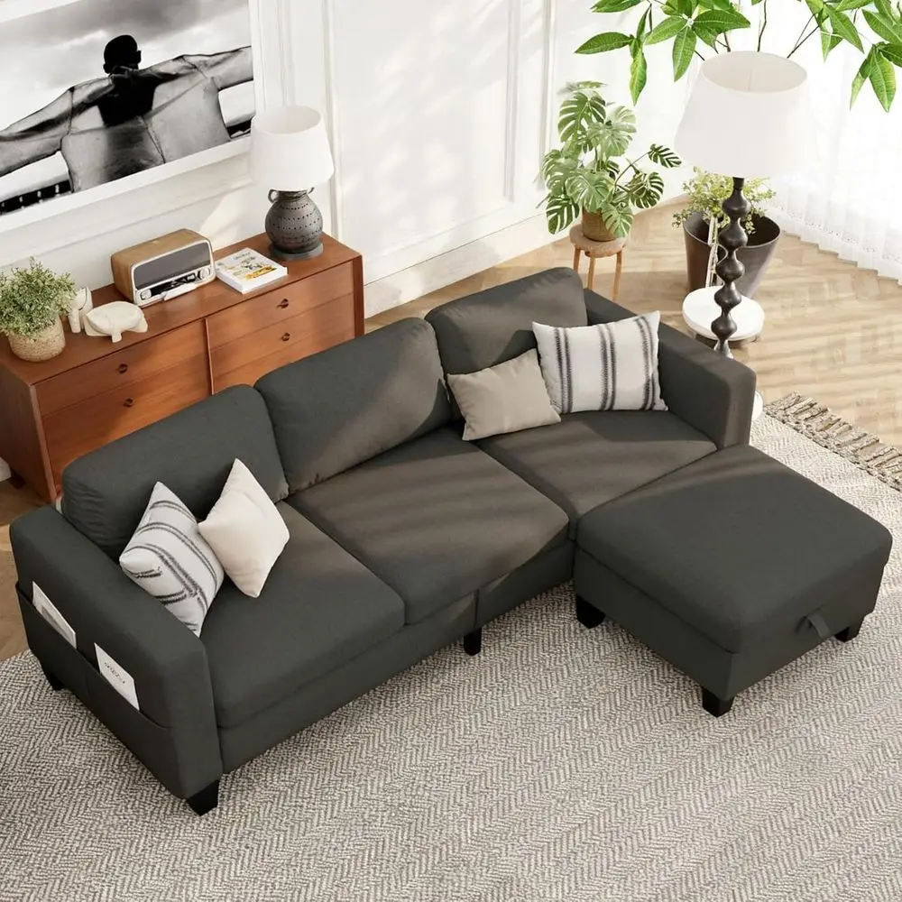 3-Seat Gray Linen L-Shaped Sofa with Reversible Storage Ottoman for Living Rooms, Apartments, Studios, and Small Spaces
3-Seat Gray Linen L-Shaped Sofa with Reversible Storage Ottoman for Living Rooms, Apartments, Studios, and Small Spaces