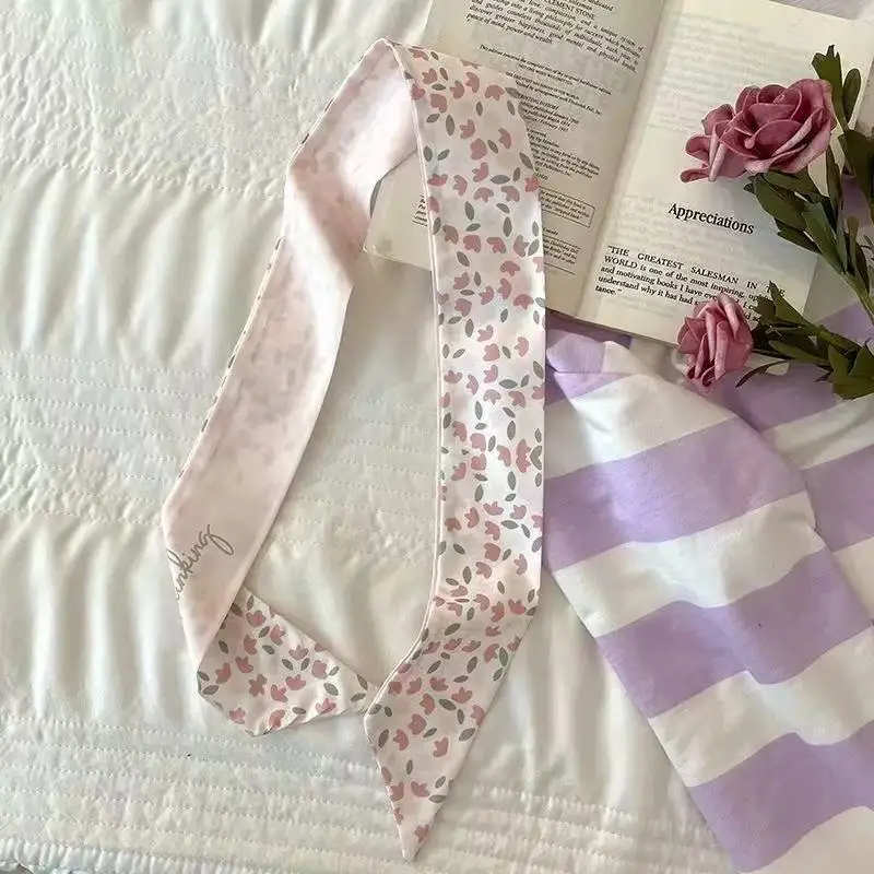 Versatile narrow long silk scarf for hair tying, floral-patterned hairband
Versatile narrow long silk scarf for hair tying, floral-patterned hairband