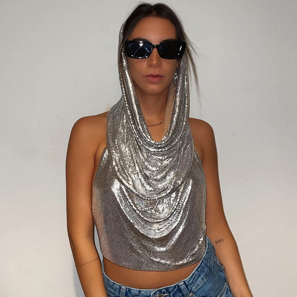 Vintage Women High Shine Hooded Chainmail Top Summer Camis Cowl Neck Backless Metallic Mesh Halter Tank Top With Scarf
Vintage Women High Shine Hooded Chainmail Top Summer Camis Cowl Neck Backless Metallic Mesh Halter Tank Top With Scarf